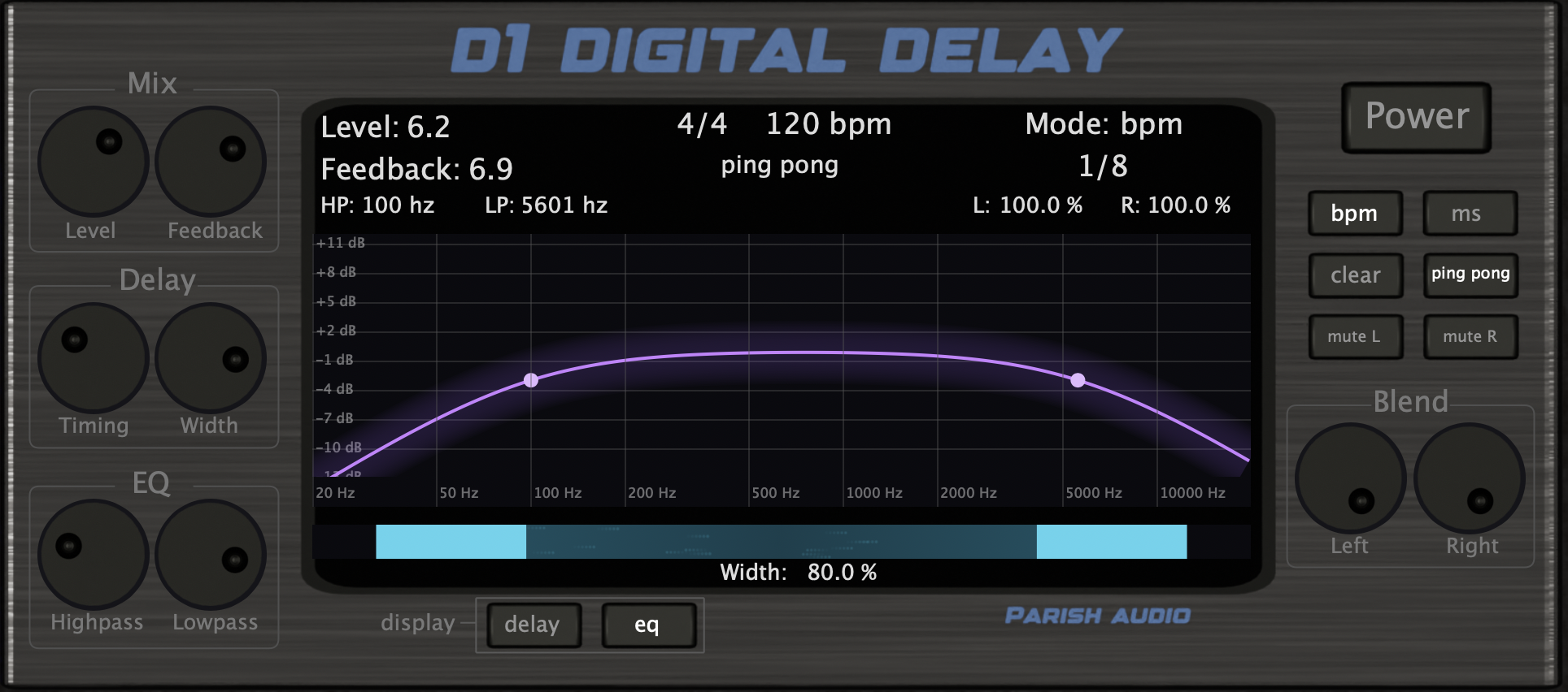 "D1 Delay plugin with EQ curve display showing high-pass and low-pass filtering for precise delay tone shaping."