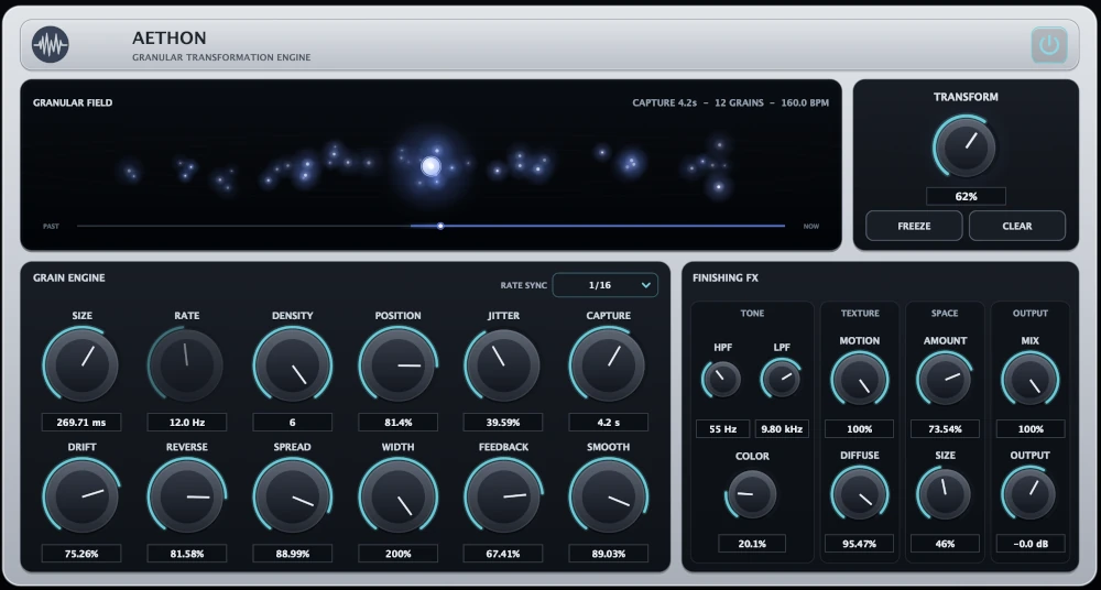 Aethon Granular Transformation Engine by Parish Audio, a granular synthesis and sound design VST3 and AU effects plugin featuring an animated grain visualization, central Transform control, granular Size, Rate, Density, Position, Jitter, Drift, Reverse, and Feedback controls, plus filtering, modulation, diffusion, and spatial effects.