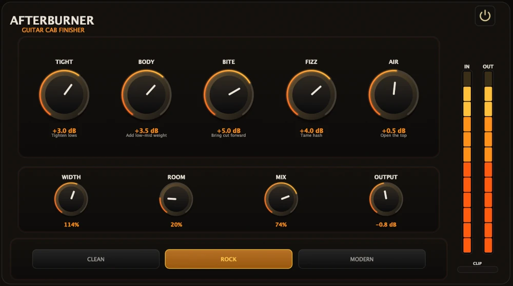 Afterburner guitar cab finisher plugin interface with Tight, Body, Bite, Fizz, Air, Width, Room, Mix, and Output controls, plus input/output meters and Clean, Rock, and Modern mode buttons