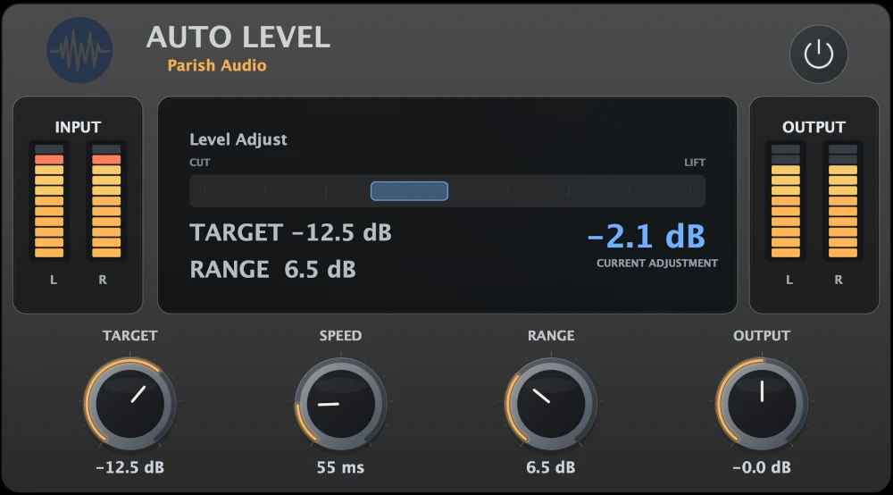Auto Level audio plugin by Parish Audio showing automatic gain riding controls for maintaining consistent volume in vocals, instruments, podcasts, and spoken-word recordings.