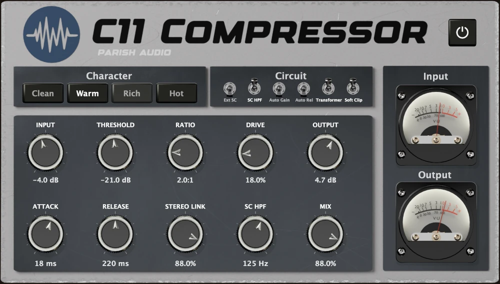 C11 Compressor by Parish Audio, a tube-inspired VST3 and AU compressor plugin with analog-style VU meters, Clean, Warm, Rich, and Hot character modes, compression controls, transformer saturation, external sidechain, and soft clipping.
