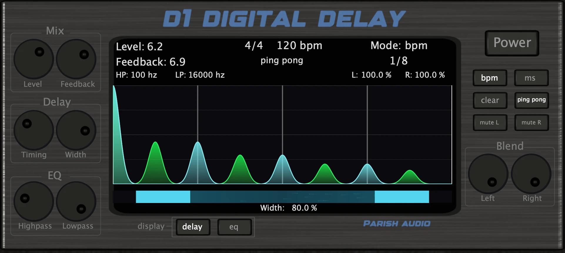 D1 Delay plugin showing visual delay tap pattern with ping pong stereo mode and tempo-synced feedback.