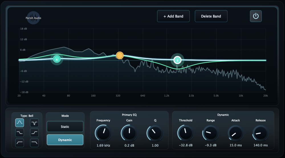 E42 Equalizer by Parish Audio, a 10-band parametric and dynamic EQ VST3 and AU plugin featuring an interactive frequency response graph, real-time spectrum analyzer, Bell, Shelf, Pass, and Notch filters, and dynamic controls for Threshold, Range, Attack, and Release.