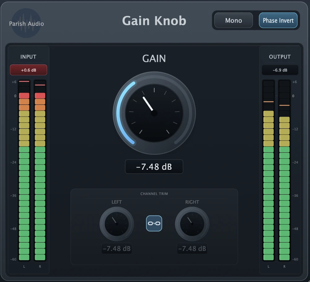 Gain Knob by Parish Audio, an audio gain utility VST3 and AU plugin featuring a large Gain control, stereo input and output meters, independent Left and Right channel trims, Channel Link, Mono, and Phase Invert controls.