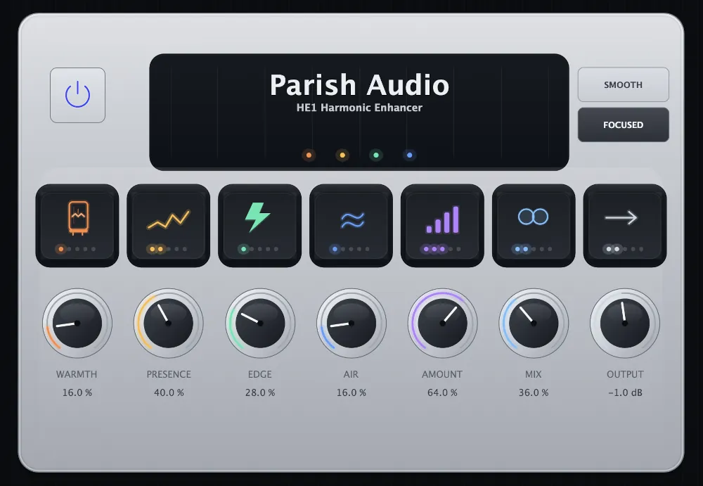 HE1 Harmonic Enhancer plugin showing white display with colorful indicator lighting.