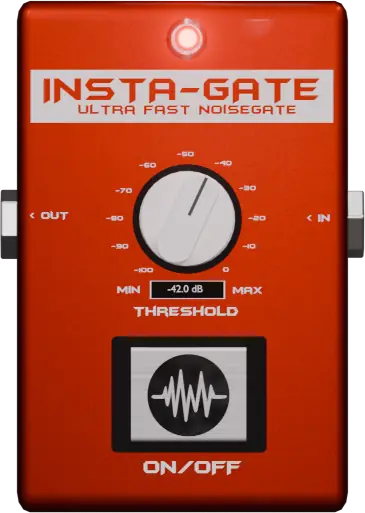 Insta-Gate Ultra Fast Noise Gate – a VST3 plugin designed to replicate a guitar noise gate pedal. The interface features a bright red stompbox-style design with a single large white knob labeled 'Threshold,' marked with values ranging from -100 dB to 0 dB. A digital display below the knob shows the current threshold setting of -42.0 dB. The pedal has 'IN' and 'OUT' labels on the sides for signal flow representation. A glowing red LED at the top indicates that the pedal is active. Below the threshold knob, a large touch-sensitive on/off switch is displayed, featuring a waveform icon. The name 'Insta-Gate' is prominently displayed in bold red font, with the tagline 'Ultra Fast Noisegate' beneath it.