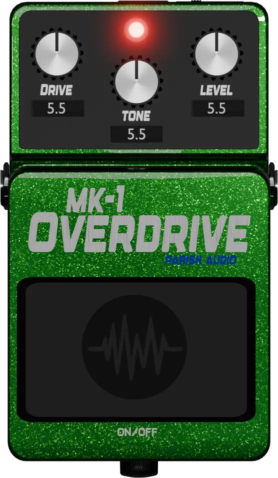 MK-1 Overdrive – a VST3 plugin designed to replicate a guitar overdrive stompbox. The interface features a metallic green, glittery pedal design with three silver knobs labeled 'Drive,' 'Tone,' and 'Level,' each set to 5.5. A red LED indicator at the top signals that the effect is active. The pedal’s name, 'MK-1 Overdrive,' is prominently displayed in bold metallic lettering, with 'Parish Audio' written in blue underneath. Below, a large touch-sensitive on/off switch is featured, displaying a waveform icon. This design mimics classic overdrive pedals, offering warm and dynamic distortion for guitarists.