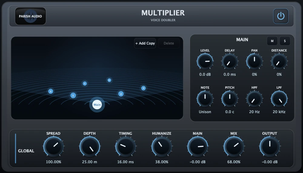 Multiplier by Parish Audio, a vocal doubler and layering VST3 and AU plugin featuring individual voice controls for pitch, timing, pan, distance, and EQ, with global Spread, Depth, Timing, Humanize, Mix, and Output controls.
