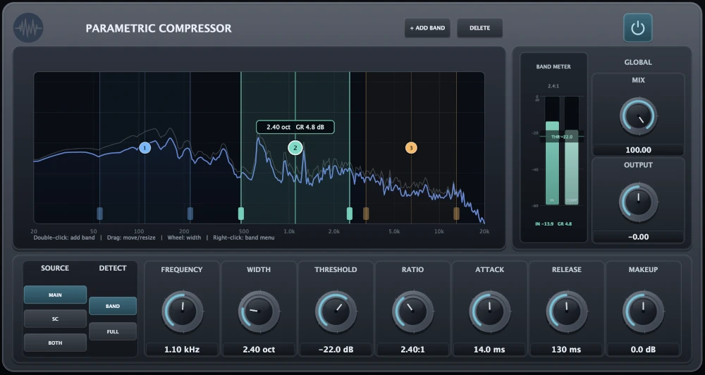 Parametric Compressor by Parish Audio, a frequency-selective multiband compressor VST3 and AU plugin featuring up to ten independent, overlapping compression bands, an interactive spectrum analyzer, Threshold, Ratio, Attack, Release, and Makeup controls, plus flexible external sidechain detection.