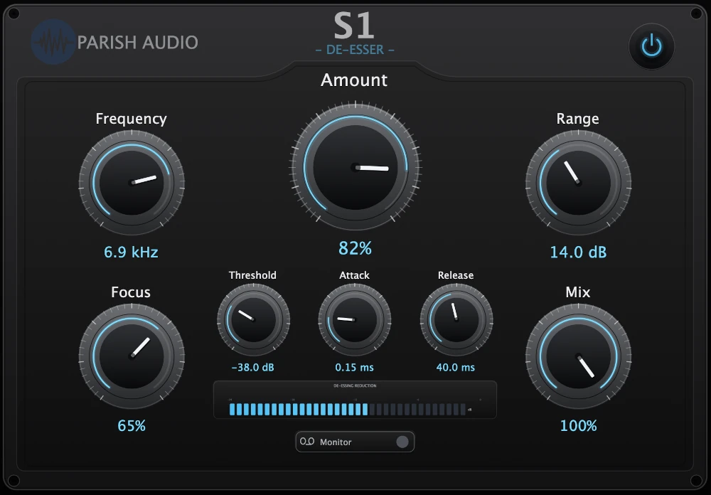 S1 De-Esser plugin by Parish Audio with a dark graphite interface, blue accents, and controls for Amount, Frequency, Focus, Threshold, Attack, Release, Range, and Mix, plus a de-essing reduction meter and Monitor button.
