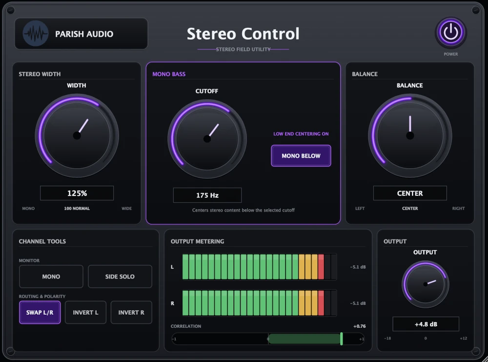Stereo Control by Parish Audio, a stereo imaging and utility VST3 and AU plugin featuring Width, Mono Bass, Balance, Mono, Side Solo, channel swapping, polarity inversion, Output, stereo level meters, and a correlation meter.