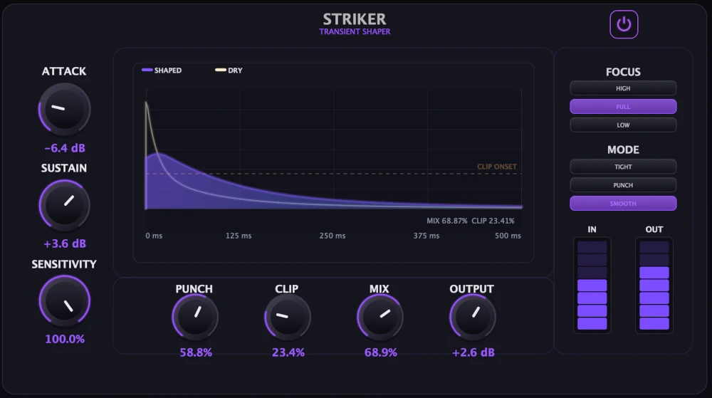 Striker Transient Shaper plugin showing dark display with purple indicator lighting
