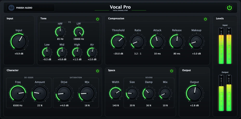 Vocal Pro plugin showing glowing green indicator knobs and level meters.