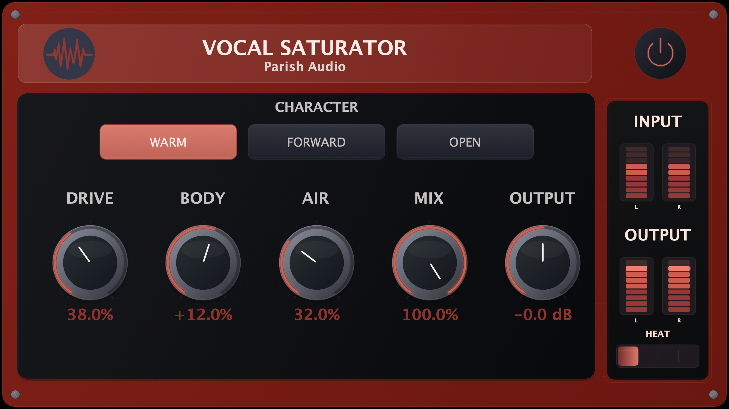 Vocal Saturator plugin interface by Parish Audio with Warm, Forward, and Open character modes, Drive, Body, Air, Mix, and Output controls, plus input/output meters and a heat meter.
