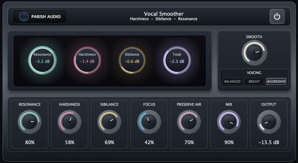 Vocal Smoother by Parish Audio, an adaptive vocal processing VST3 and AU plugin featuring Smooth, Resonance, Harshness, Sibilance, Focus, Preserve Air, Mix, and Output controls, with Balanced, Bright, and Aggressive voicing modes and real-time reduction displays.