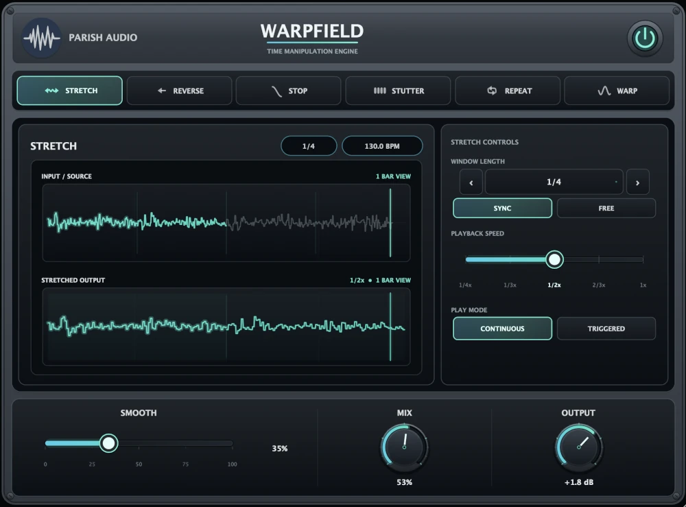 Warpfield by Parish Audio, a creative audio manipulation VST3 and AU plugin showing Stretch mode with waveform visualization, tempo-synced capture windows, playback speed controls, Smooth, Mix, and Output.