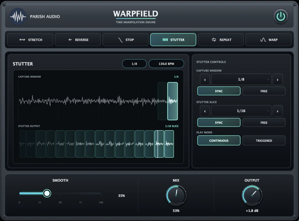 Warpfield audio effects plugin by Parish Audio showing Stop mode for tape-style slowdowns and accelerations, with synchronized capture windows, waveform visualization, and effect controls.