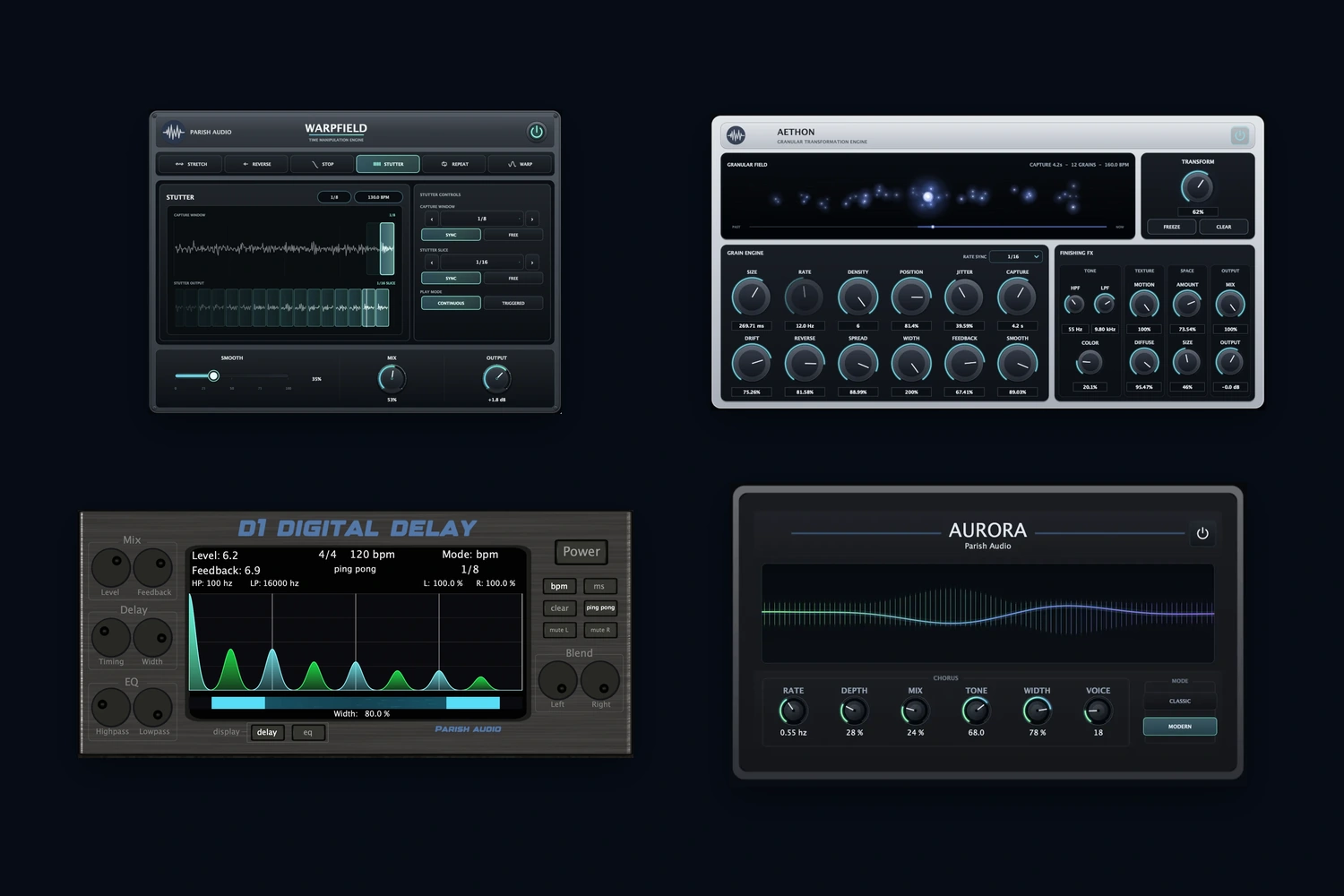 Parish Audio Creative Sound Design Bundle featuring Warpfield, Aethon, D1 Delay, and Aurora Chorus.