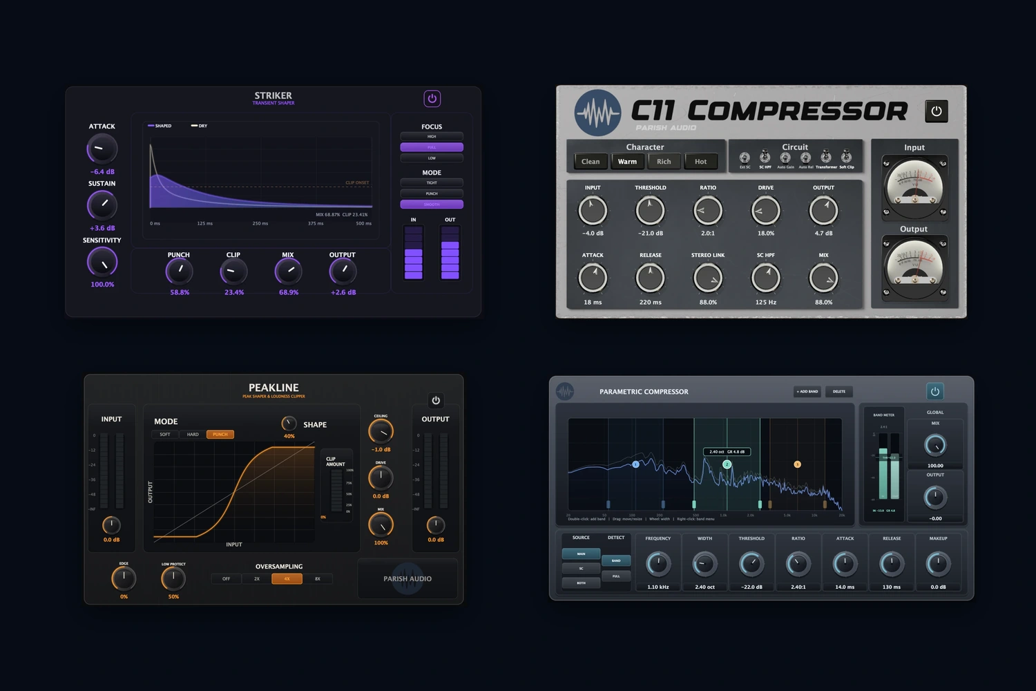 Parish Audio Drum & Dynamics Bundle featuring Striker Transient Shaper, C11 Compressor, Parametric Compressor, and Peakline.