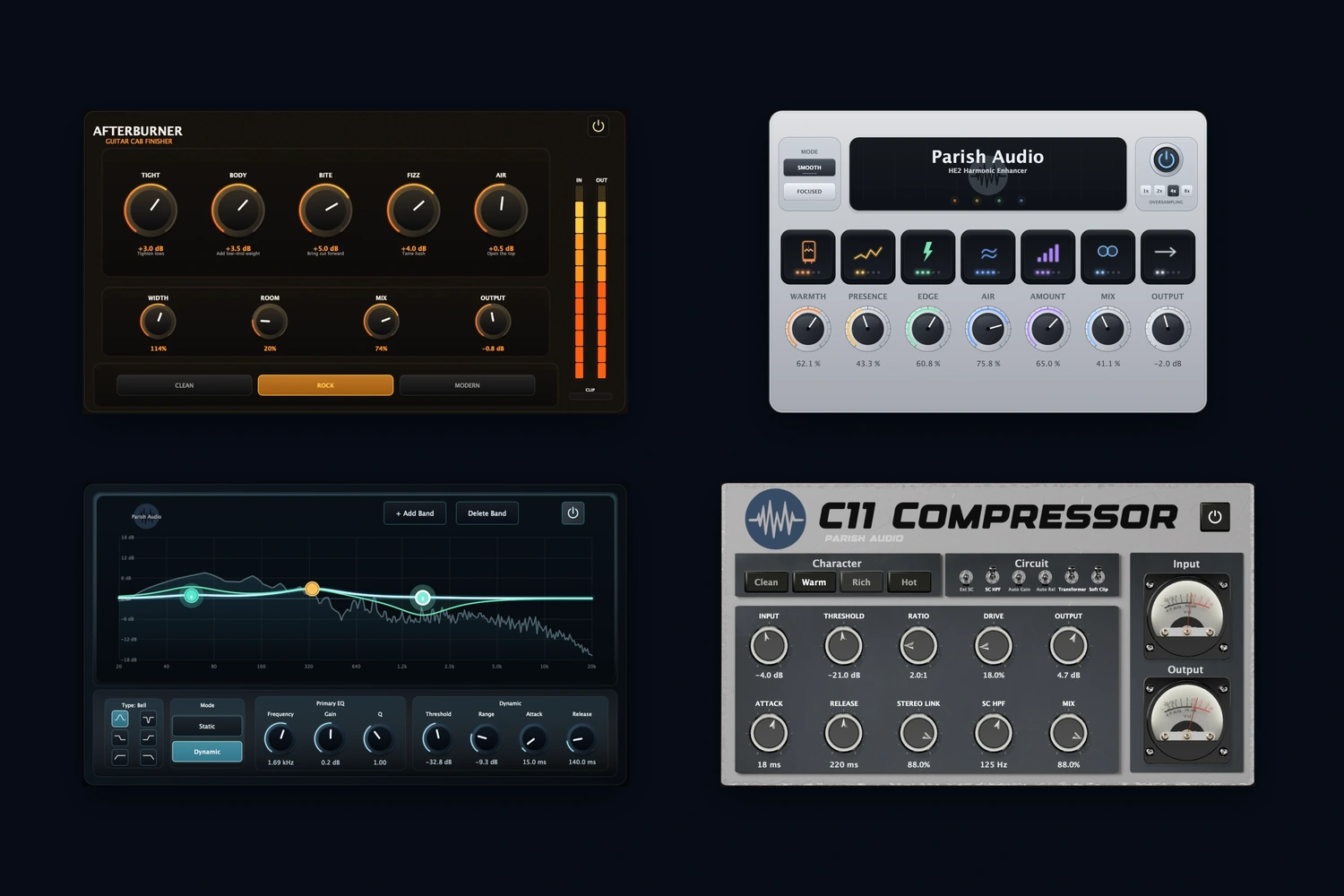 Parish Audio Guitar Tone & Mix Bundle featuring Afterburner, HE2 Harmonic Enhancer, E42 Equalizer, and C11 Compressor.