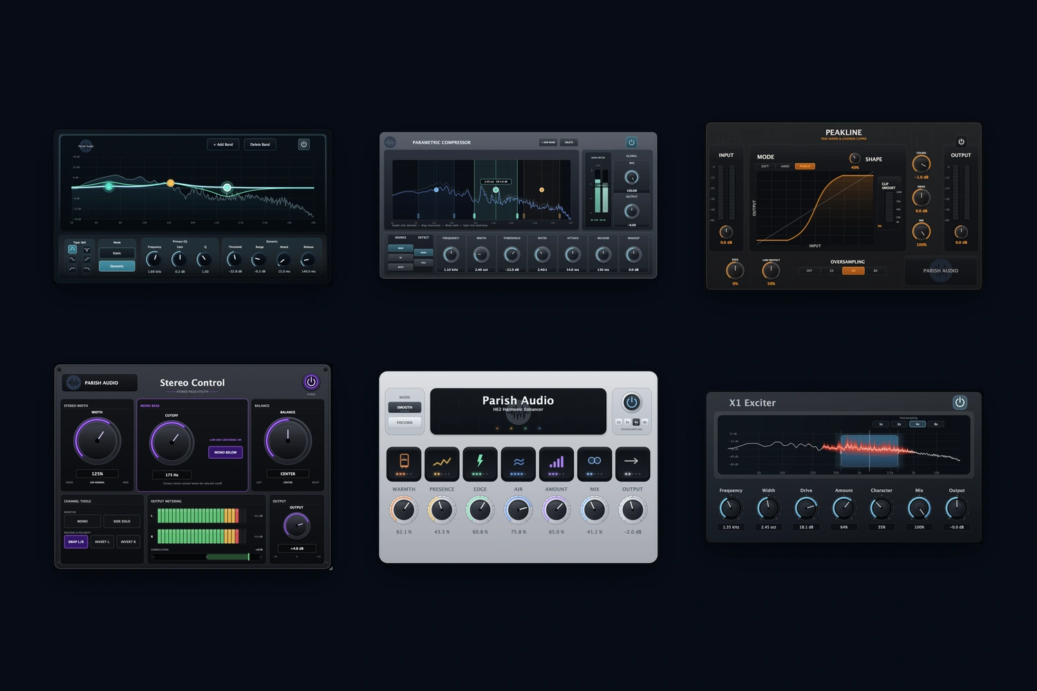 Parish Audio Mastering & Stereo Bundle featuring E42 Equalizer, Parametric Compressor, Peakline, Stereo Control, HE2 Harmonic Enhancer, and X1 Exciter.