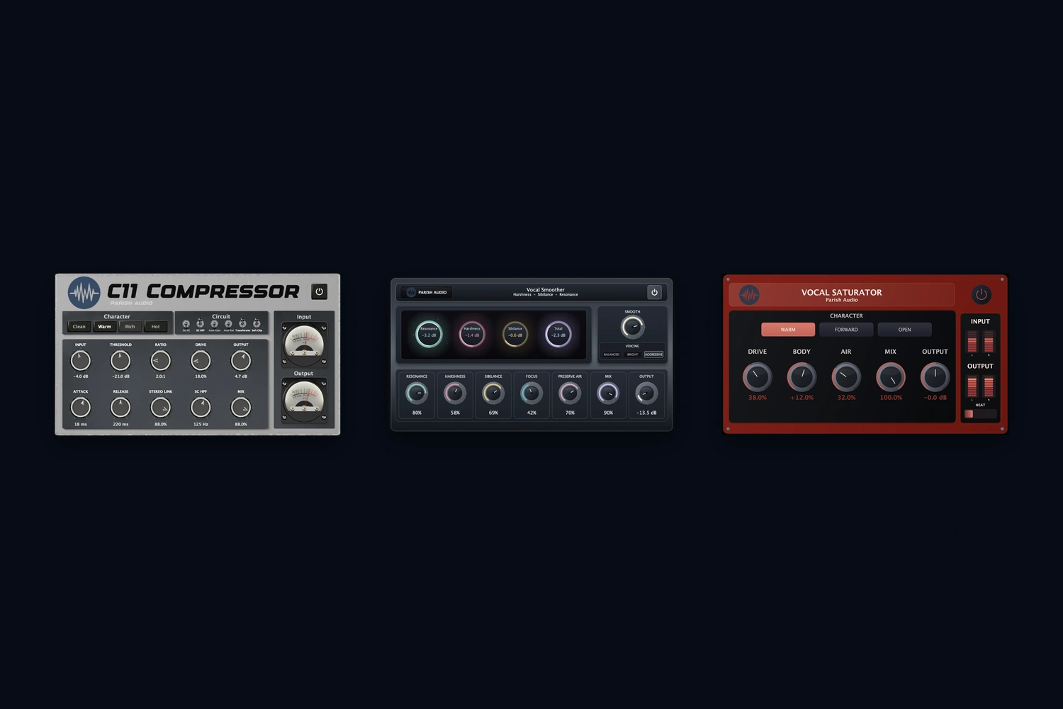 Parish Audio Vocal Essentials Bundle featuring C11 Compressor, Vocal Smoother, and Vocal Saturator.